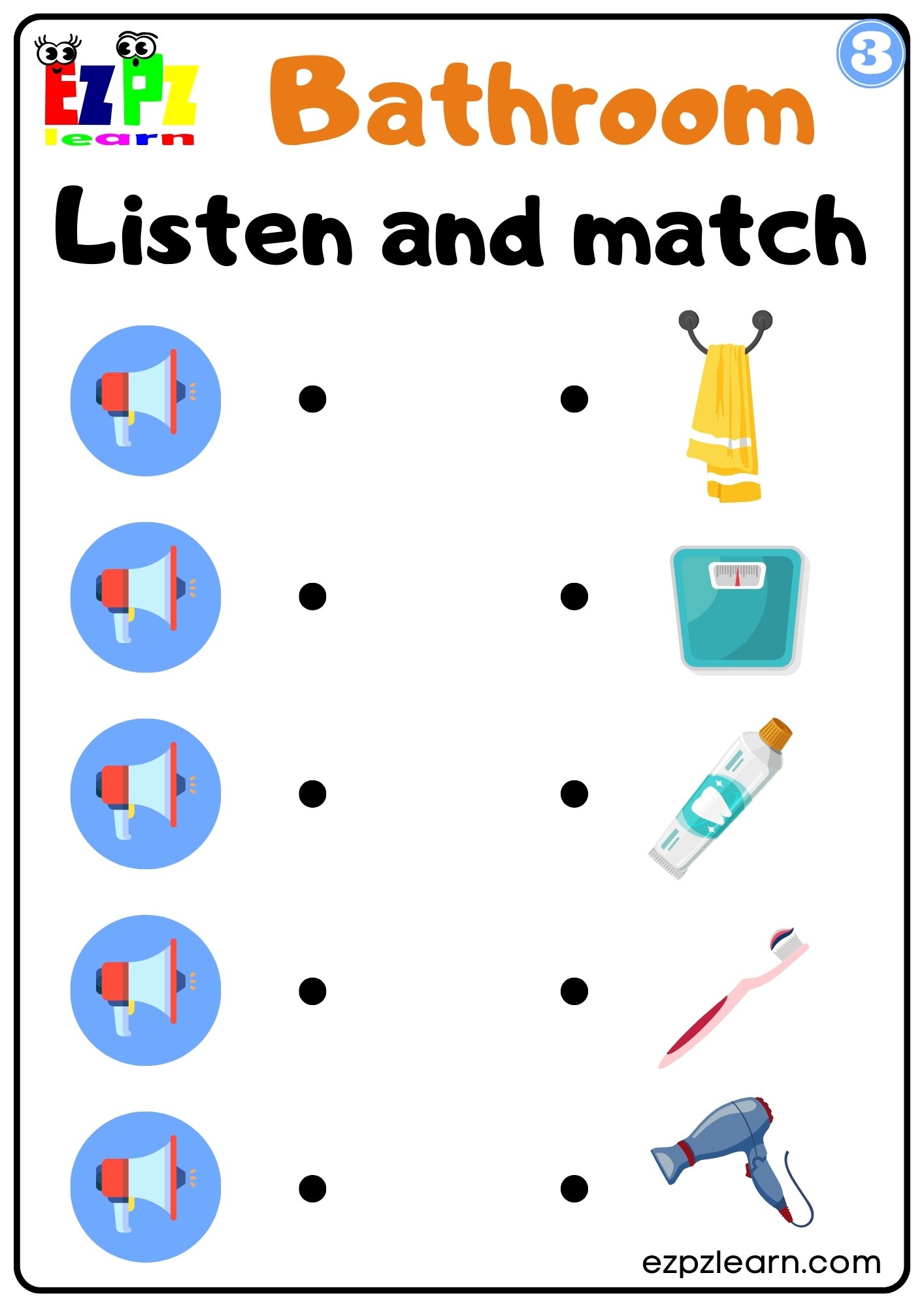 Bathroom Interactive Vocabulary Worksheet Listen and Match the Correct Images Activity for Kids